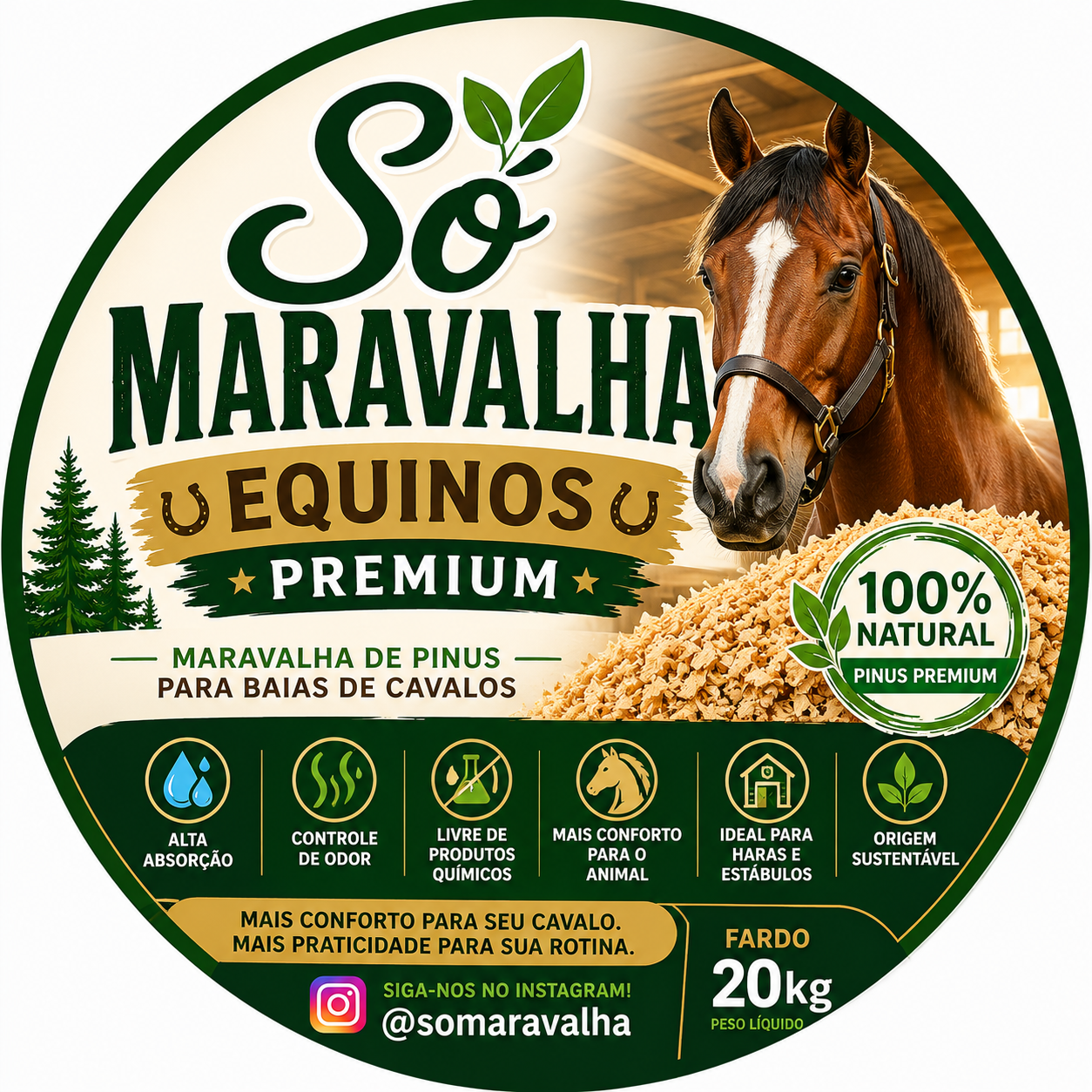 Só Maravalha Equinos Premium — maravalha de pinus para baias de cavalos